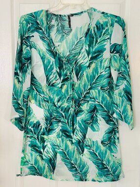 Pacific Beach Cover Up or Tunic Tropical Palm Leaf Sheer Tie Front Medium